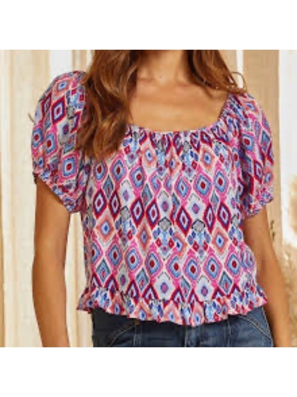 Savanna Jane Ikat Print BoHo Beachy Festival Summer Cropped Blouse Top NWT S